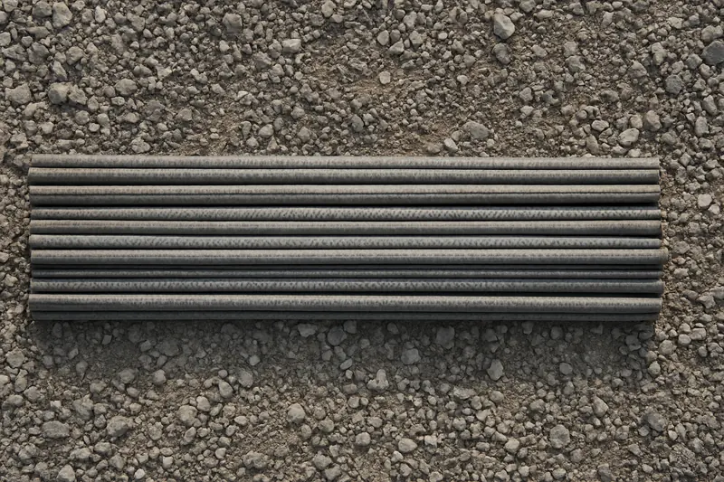 A bundle of plain steel reinforcing bars laid flat on gravel seen from above — block wall, Idaho Falls. Illustrative example.