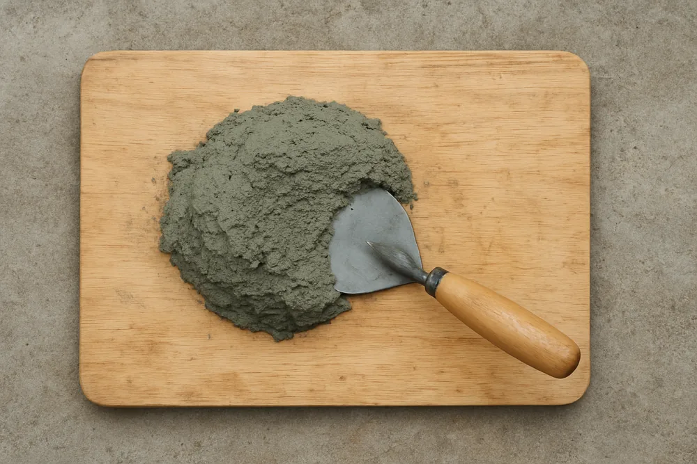 A steel brick trowel resting on a wooden mortar board holding fresh grey mortar — block wall, Idaho Falls. Illustrative example.