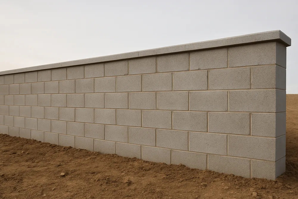 A freshly finished short section of plain grey block wall with a smooth mortar cap — block wall, Idaho Falls. Illustrative example.
