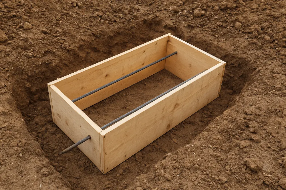 A wooden footing form in a shallow trench with two lengths of rebar laid across it — block wall, Idaho Falls. Illustrative example.