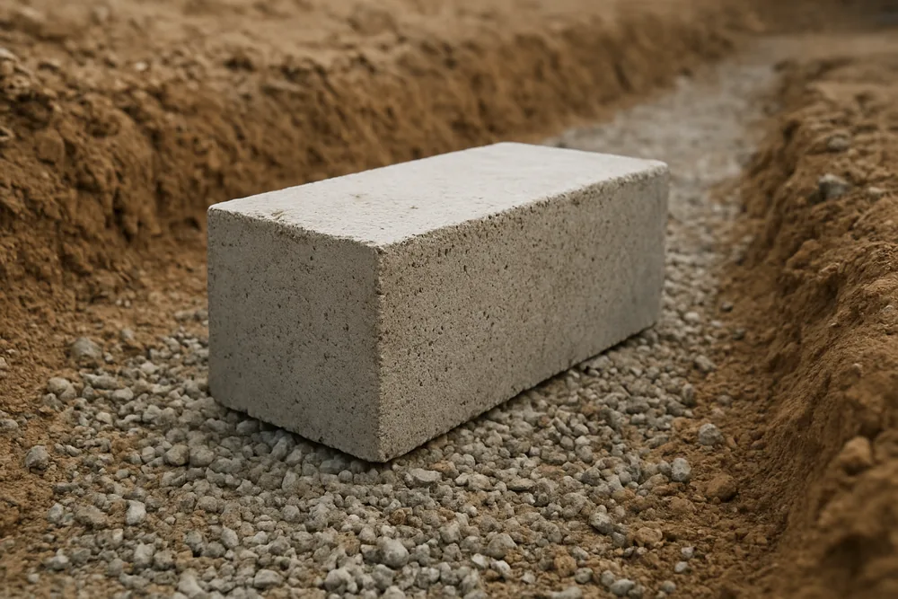 A plain grey concrete block beside a gravel-lined footing trench — block wall, Idaho Falls. Illustrative example.