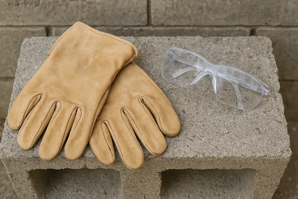 A pair of leather work gloves and clear safety glasses laid on top of a concrete block — block wall, Idaho Falls. Illustrative example.