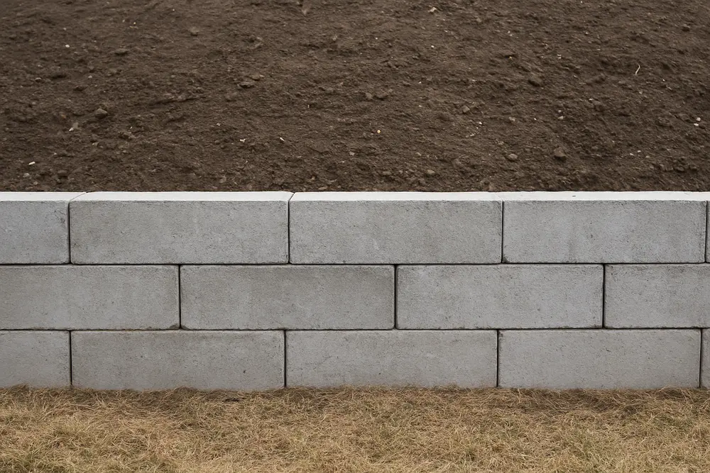 A low retaining wall of plain grey concrete blocks holding back a bank of bare soil — block wall, Idaho Falls. Illustrative example.
