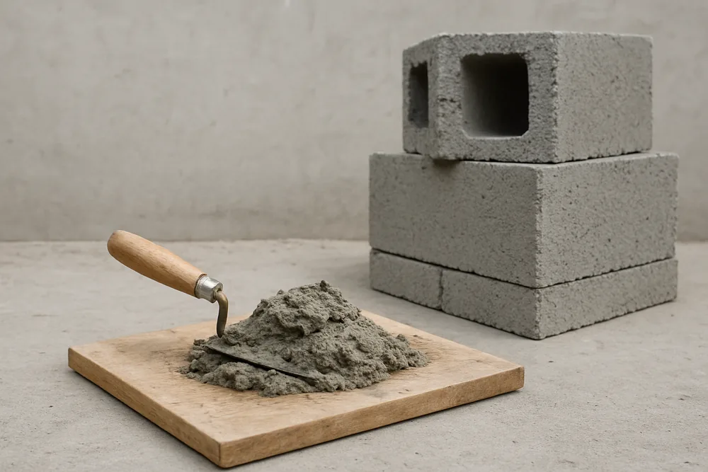A wooden board holding wet mortar with a steel trowel beside a small stack of plain grey concrete blocks — block wall, Idaho Falls. Illustrative example.