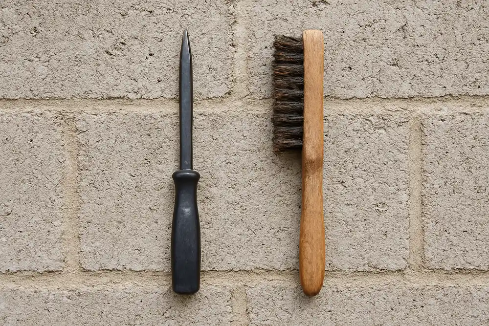 A narrow pointing tool and a wire brush laid flat on the rough face of a concrete block — block wall, Idaho Falls. Illustrative example.