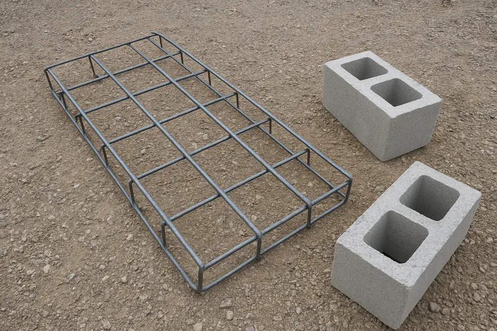 A steel rebar cage lying on gravel beside two plain grey concrete blocks — block wall, Idaho Falls. Illustrative example.