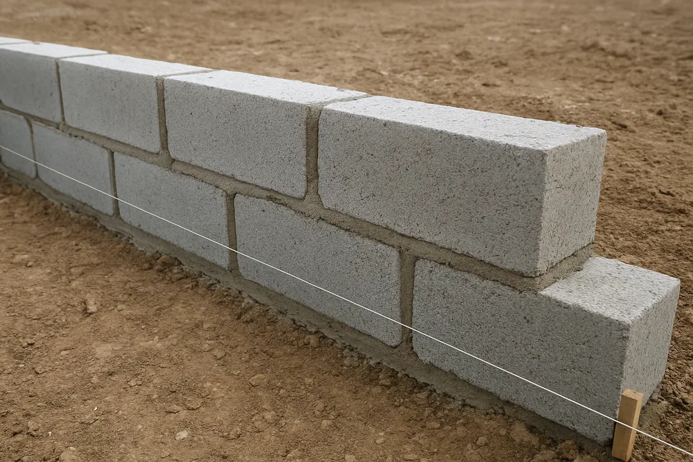 A short run of plain grey concrete block courses with fresh mortar beside a taut string line — block wall, Idaho Falls. Illustrative example.