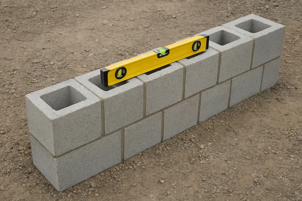 A single course of plain grey concrete blocks set on compacted gravel with a spirit level across the top — block wall, Idaho Falls. Illustrative example.
