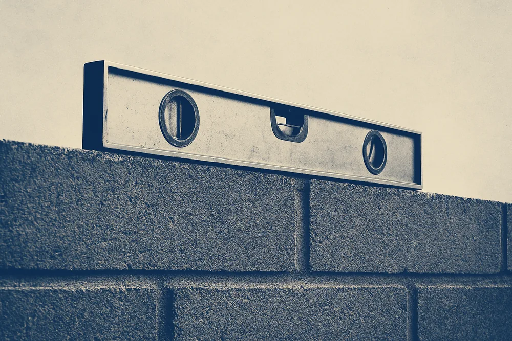 A plain spirit level resting along the top edge of a concrete block seen at a low angle — block wall, Idaho Falls. Illustrative example.