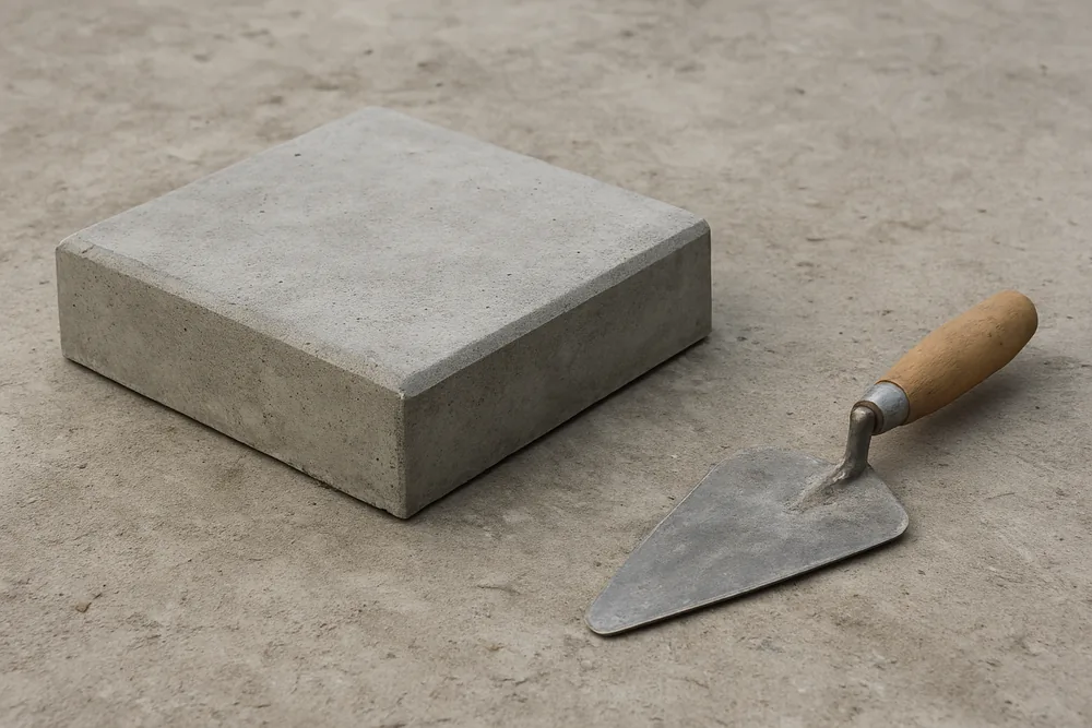 A square plain grey concrete pier cap on a bare concrete slab beside a trowel — block wall, Idaho Falls. Illustrative example.