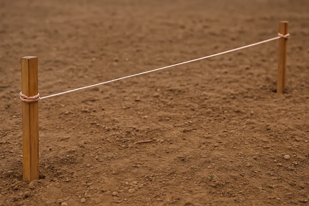A plain string line pulled taut between two wooden stakes over bare level soil — block wall, Idaho Falls. Illustrative example.
