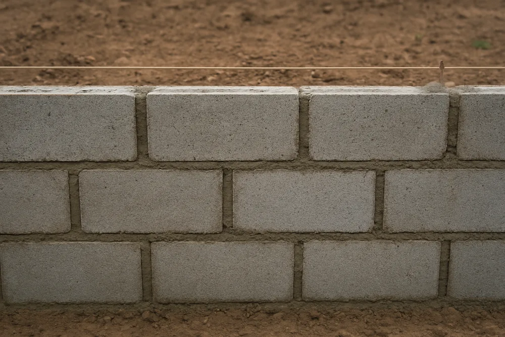 Three courses of plain grey concrete block in running bond with wet mortar joints and a mason line — block wall, Idaho Falls. Illustrative example.