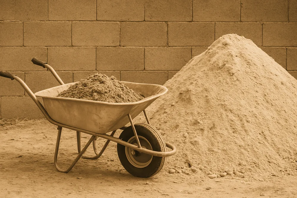A plain steel wheelbarrow of grey mortar beside a heap of clean sand on bare ground — block wall, Idaho Falls. Illustrative example.